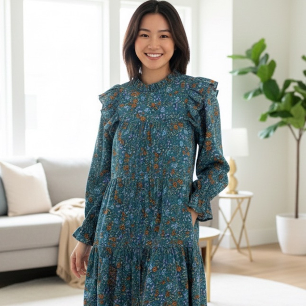 Grace Holiday Blue Floral Long Sleeve Tiered Bohemian Dress Size‎ L NWOT